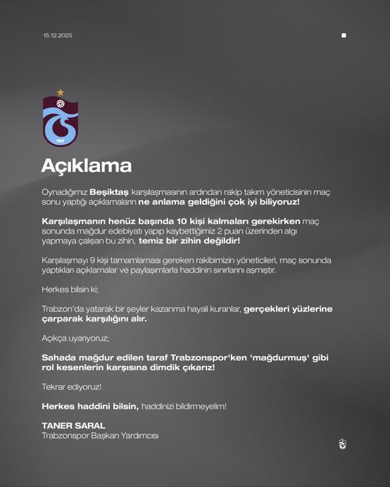 Trabzonspor Başkan Yardımcısı Saral: Herkes haddini bilsin