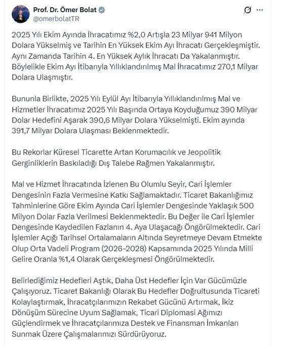 Bakan Bolat: Ekimde cari işlemler dengesinde 500 milyon dolar fazla bekleniyor