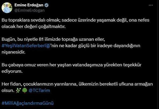 Emine Erdoğandan Milli Ağaçlandırma Günü mesajı