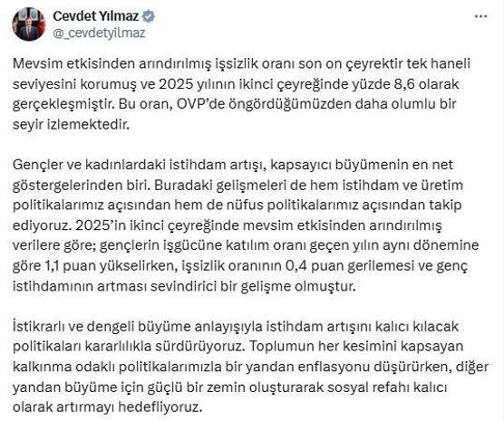 Cevdet Yılmaz: İşsizlik oranı 10 çeyrektir tek haneli seviyede