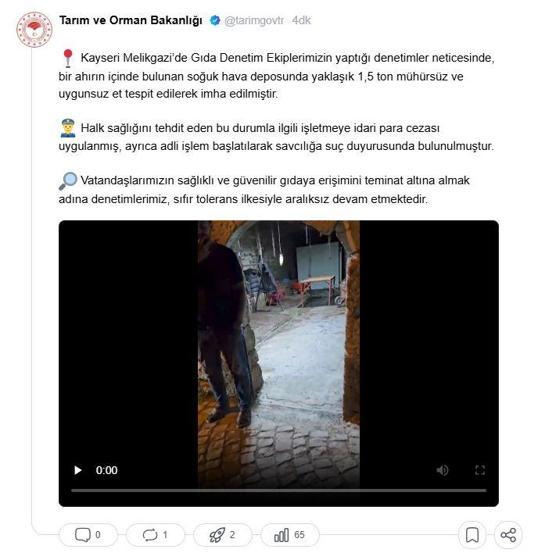 Bakanlık: Ahırdaki soğuk hava deposunda bulunan 1,5 ton uygunsuz et imha edildi