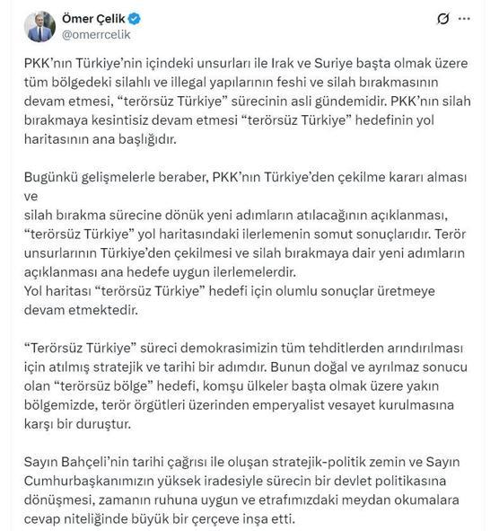 AK Partili Çelik: PKKnın çekilme kararı, yol haritasındaki ilerlemenin somut sonucu