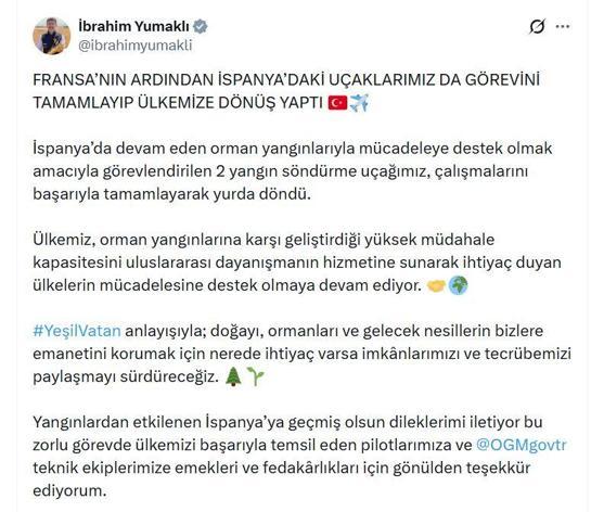 Bakan Yumaklı: İspanyadaki uçaklarımız görevini tamamlayıp ülkemize döndü