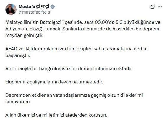 Malatyada 5.6 büyüklüğünde deprem