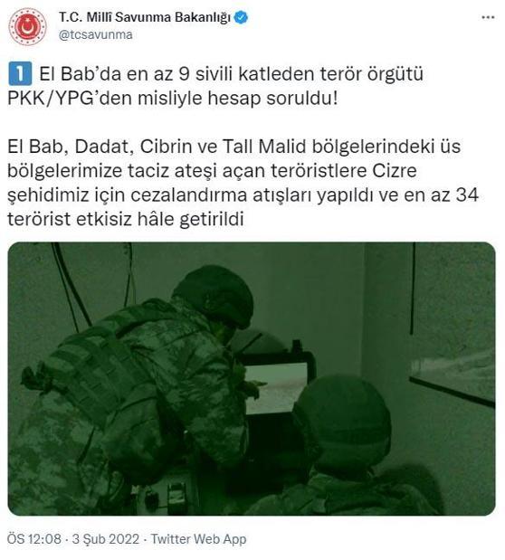 MSB: Cezalandırma atışlarında 34 terörist etkisiz hale getirildi