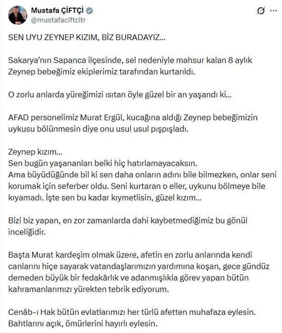 Bakan Çiftçiden Sakaryada kurtarılan Zeynep bebeğe ilişkin paylaşım
