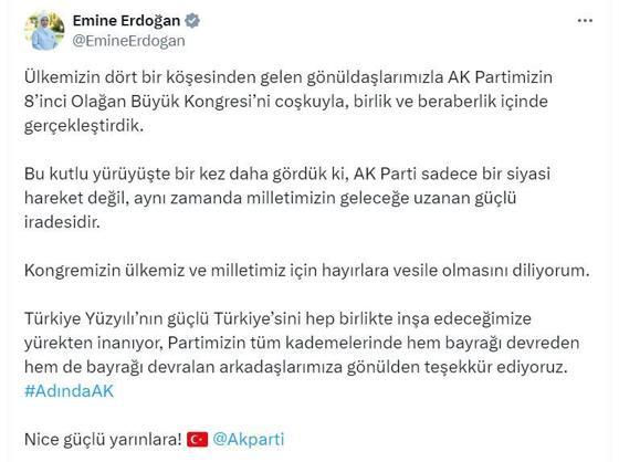 Emine Erdoğandan, AK Parti 8inci Olağan Büyük Kongresine ilişkin paylaşım
