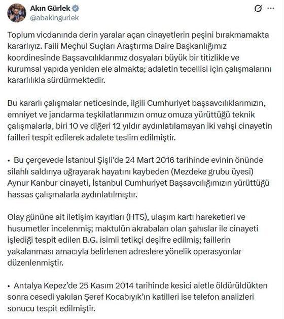 Bakan Gürlek: Aydınlatılamayan 2 cinayetin failleri yakalandı