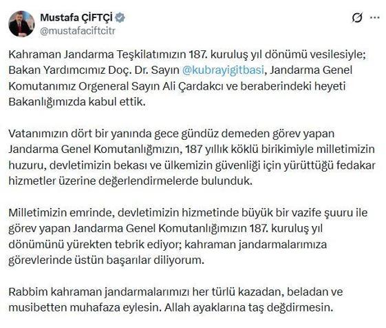 Bakan Çiftçi, jandarma heyetini kabul etti
