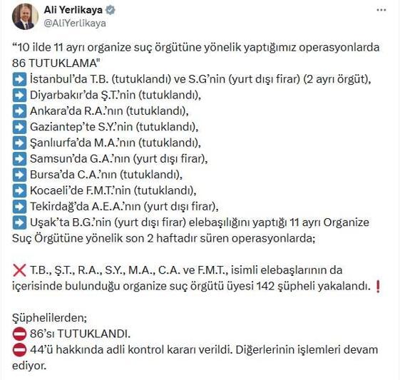 10 ilde suç örgütü operasyonları: 86 tutuklama