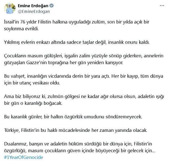 Emine Erdoğandan Gazze paylaşımı