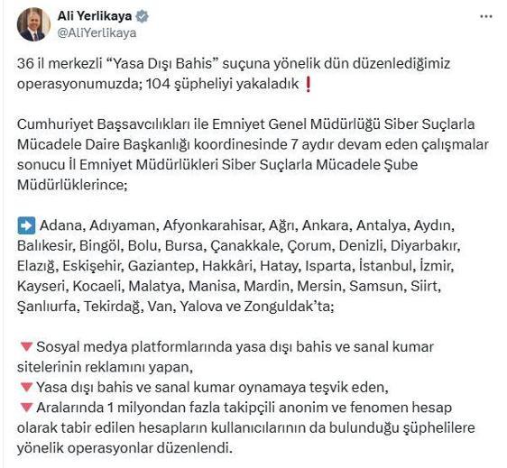 36 ilde Yasa dışı bahis operasyonu: 104 gözaltı