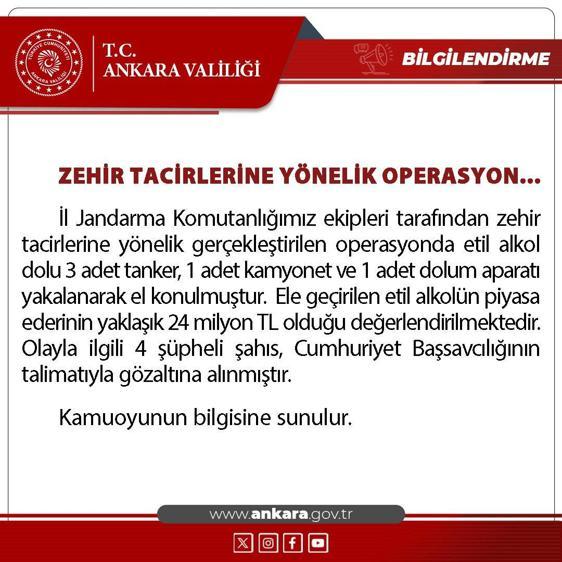Ankarada 24 milyon lira değerinde etil alkol ele geçirildi