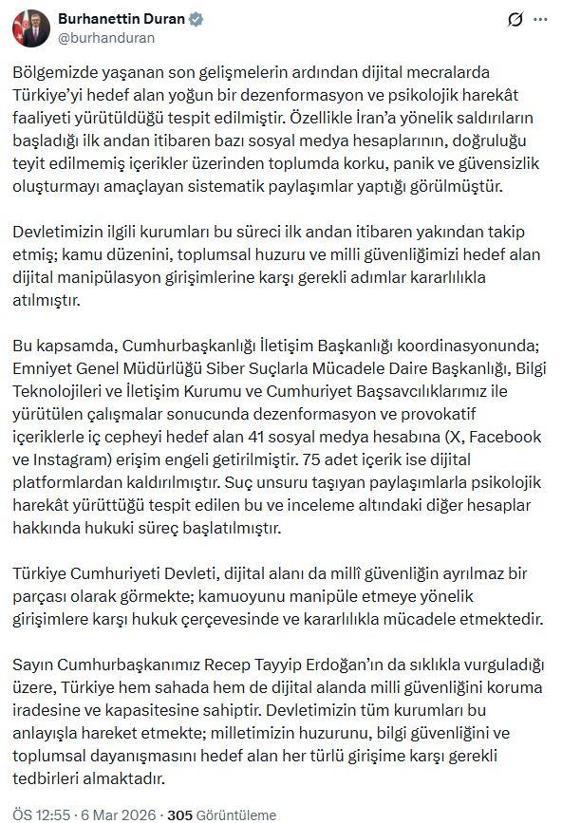 İletişim Başkanı Duran: Dezenformasyon içeren 41 hesaba erişim engeli getirildi