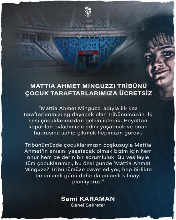 Mattia Ahmet Minguzzi Tribünü çocuk taraftarlara ücretsiz