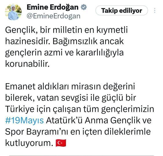 Emine Erdoğandan 19 Mayıs mesajı
