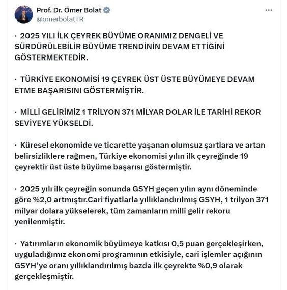 Bakan Bolat: Türkiye, 19 çeyrektir üst üste büyüme başarısı gösterdi