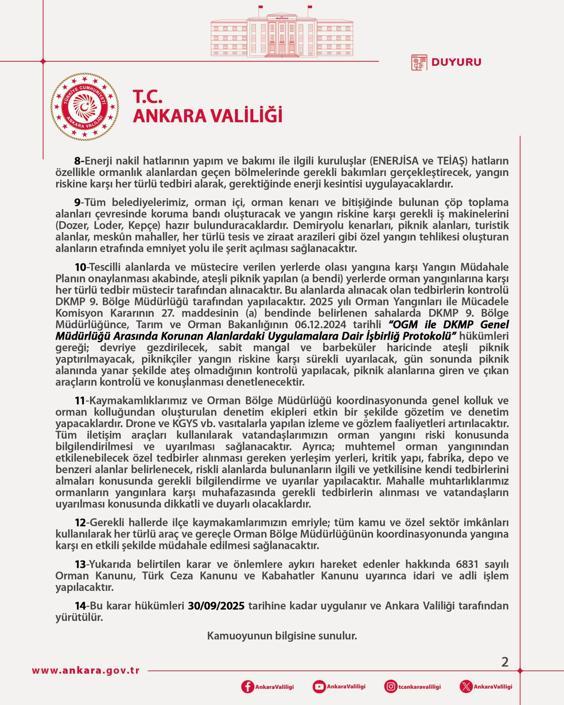Ankarada ormanlara giriş yasaklandı