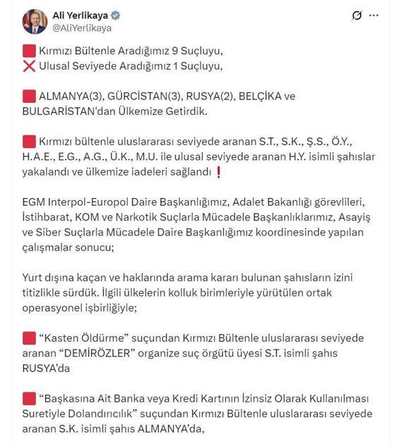 Kırmızı bültenle ve ulusal seviyede aranan 10 suçlu Türkiyeye getirildi