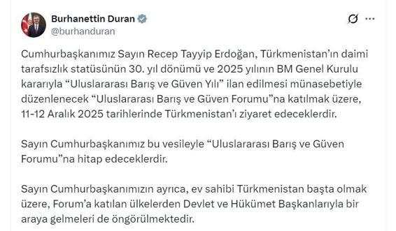 Cumhurbaşkanı Erdoğan, yarın Türkmenistana gidecek