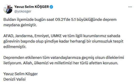 Denizlide 5.1 büyüklüğünde deprem