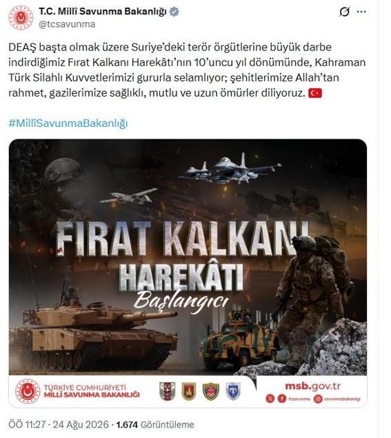 MSBden Fırat Kalkanı Harekatının 10uncu yıl dönümü mesajı