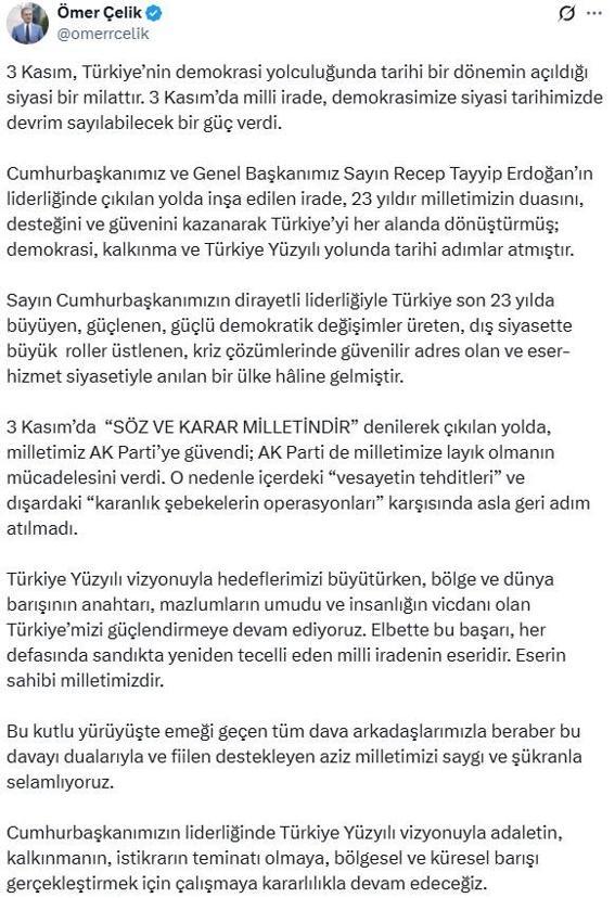 AK Partili Çelik: 3 Kasım, demokrasi yolculuğunda siyasi bir milattır