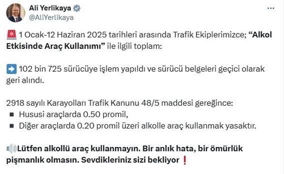 Bakan Yerlikaya: Alkollüyken araç kullanan 102 bin sürücünün ehliyeti geçici olarak geri alındı