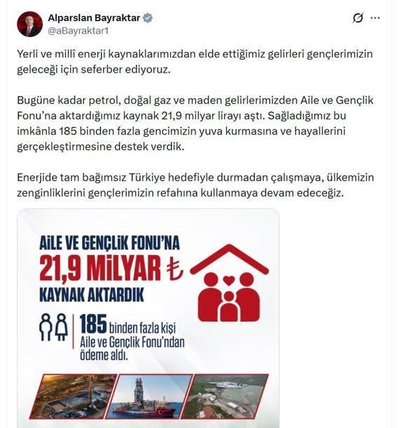 Bakan Bayraktar: 185 binden fazla gencimizin yuva kurmasına destek verdik