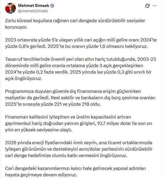 Bakan Şimşek: Cari dengede sürdürülebilir seviyeler korunuyor