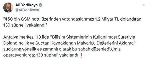 Antalya merkezli 13 ilde dolandırıcılık operasyonu: 139 gözaltı
