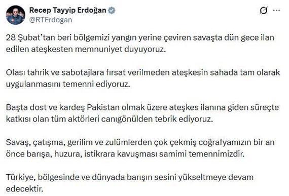 Cumhurbaşkanı Erdoğan: Ateşkesten memnuniyet duyuyoruz