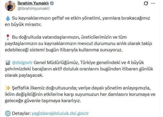 DSİ, barajların aktif doluluk oranlarını günlük paylaşacak