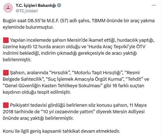 TBMM önünde otomobilini yaktı, gözaltına alındı