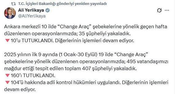 Ankara merkezli 10 ilde Change araç operasyonu: 10 tutuklama