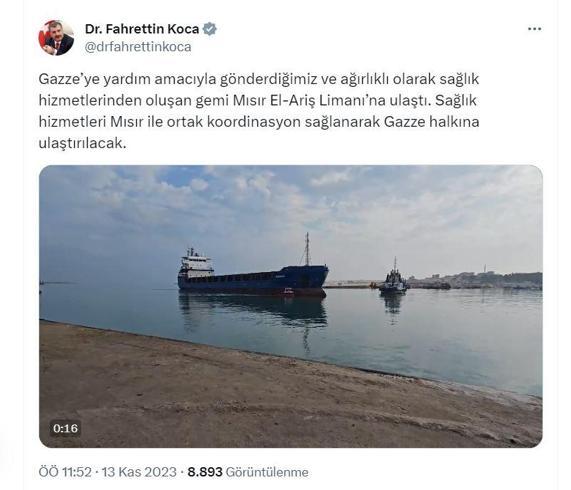Bakan Koca: Gazze için sağlık yardımları Mısıra ulaştı