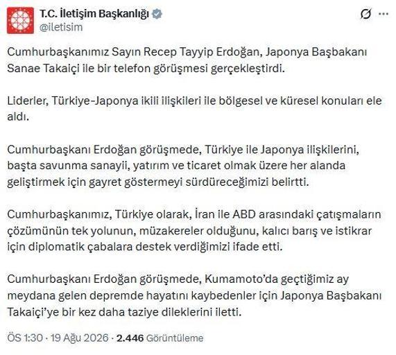 Cumhurbaşkanı Erdoğan, Japonya Başbakanı Takaiçi ile telefonla görüştü