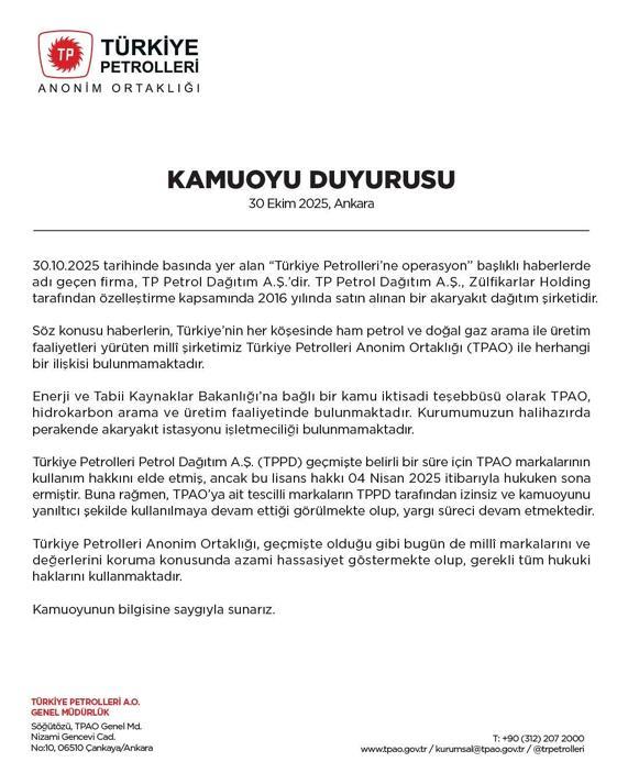 TPAOdan Türkiye Petrollerine Operasyon başlıklı haberlere ilişkin açıklama