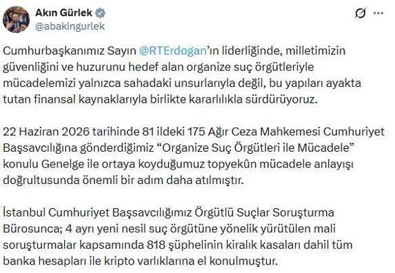 Bakan Gürlek: 818 şüphelinin banka hesapları ile kripto varlıklarına el konuldu
