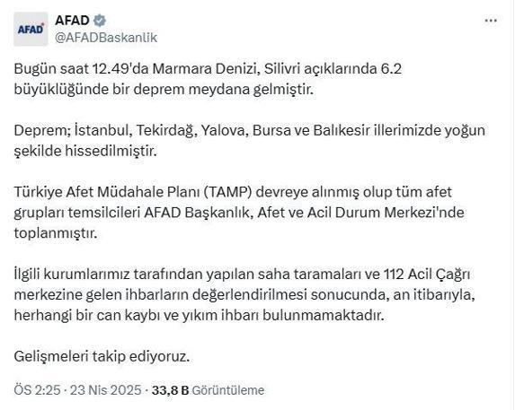 Silivri açıklarında 6.2 büyüklüğünde deprem