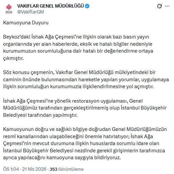 Vakıflar Genel Müdürlüğünden İshak Ağa Çeşmesi açıklaması