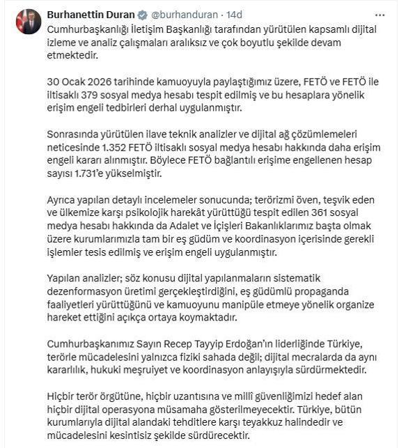 İletişim Başkanı Duran: FETÖ bağlantılı erişime engellenen hesap sayısı 1731e yükseldi