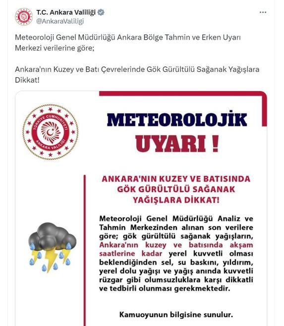 Ankara Valiliğinden sağanak uyarısı