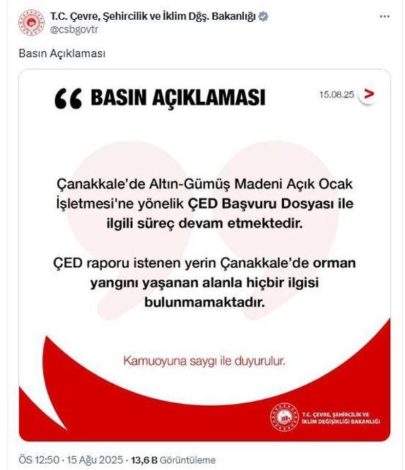 Bakanlık: ÇED raporu istenilen yerin, yangın çıkan alanla hiçbir ilgisi yok