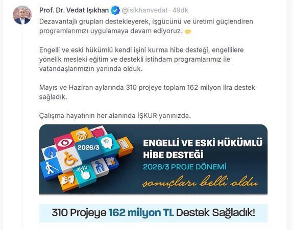 Engelli ve eski hükümlülerin projelerine 162 milyon liralık hibe desteği