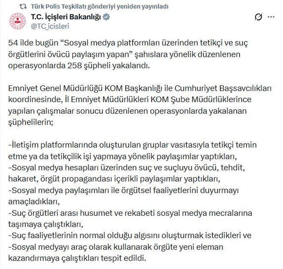 Suç örgütlerini öven şüphelilere yönelik operasyon; 258 gözaltı