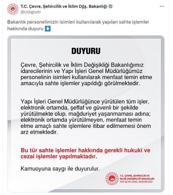 Çevre, Şehircilik ve İklim Değişikliği Bakanlığından dolandırıcılık uyarısı