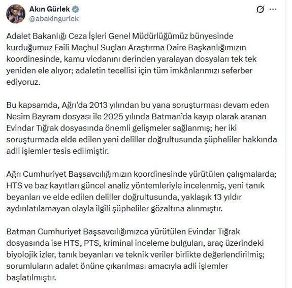 Bakan Gürlek: 2 kayıp dosyasında yeni deliller bulundu ve adli işlem yapıldı