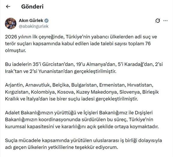 Bakan Gürlek: 2026nın ilk çeyreğinde 76 suçlu Türkiye’ye iade edildi
