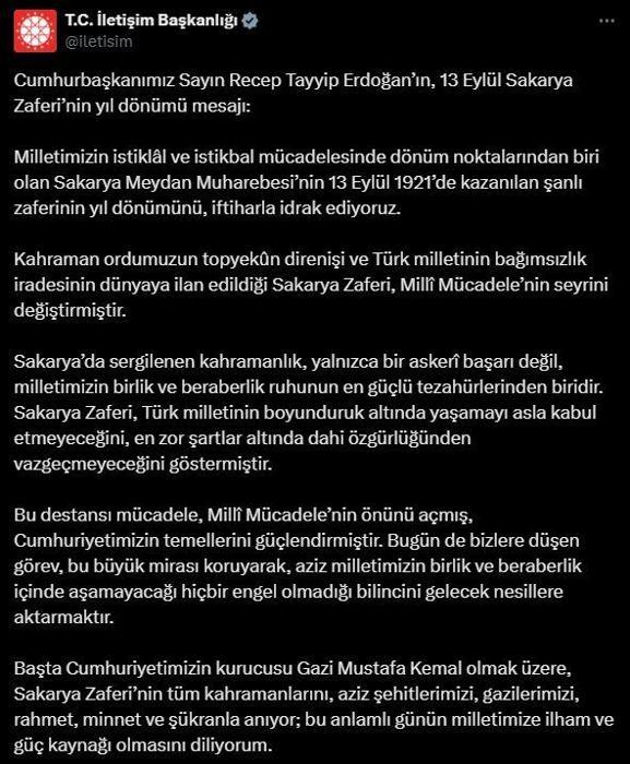 Cumhurbaşkanı Erdoğandan Sakarya Zaferinin 104üncü yıl dönümü mesajı
